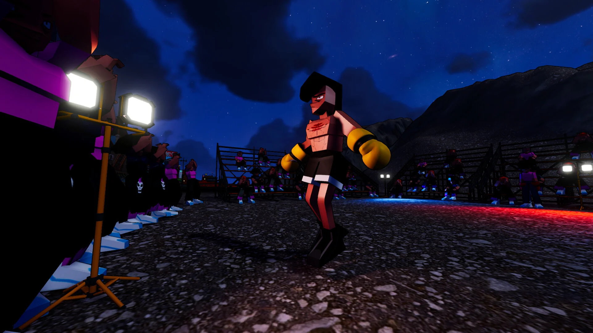 An outdoor fight in the city at night.
