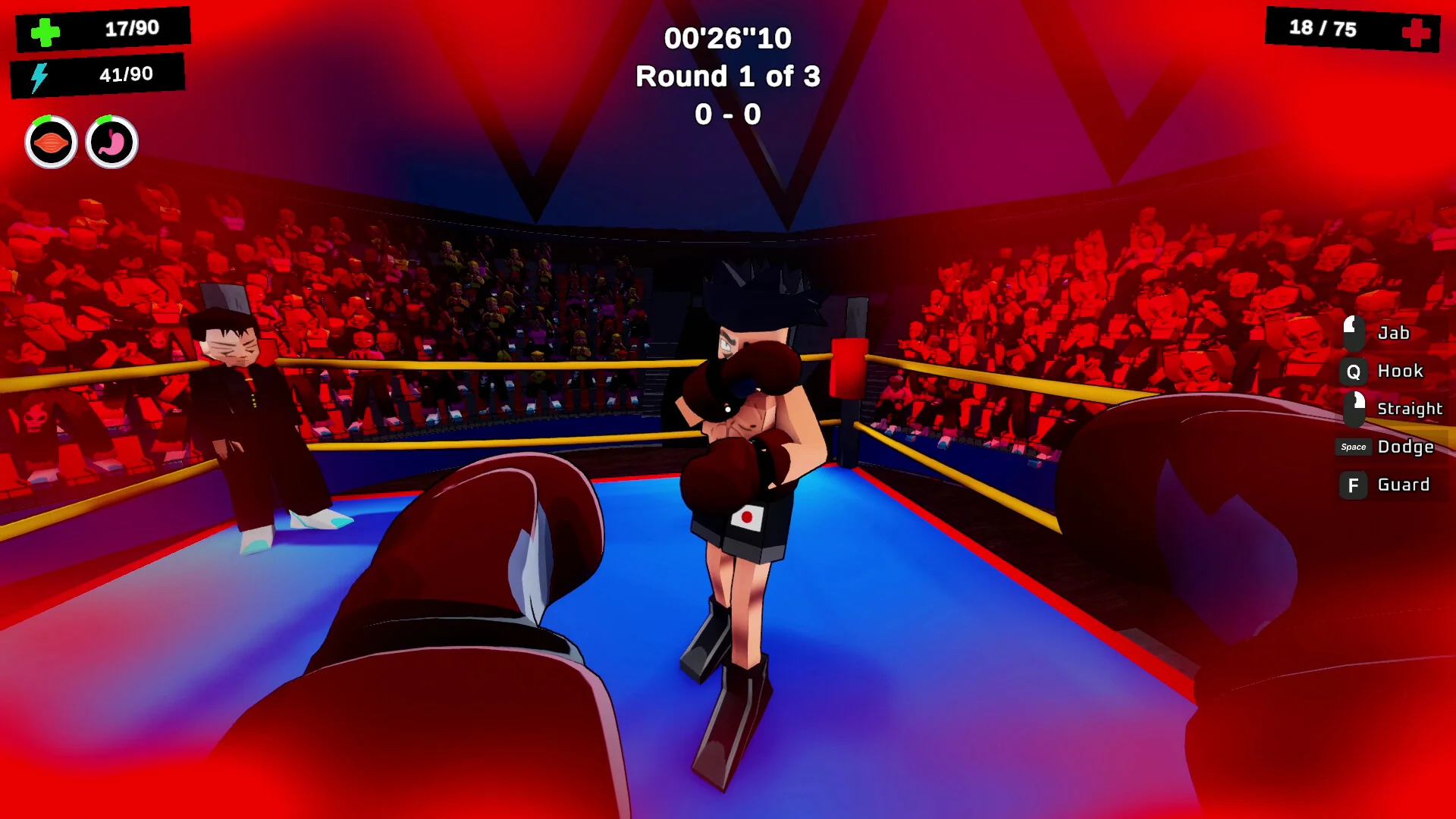 First-person boxing in a crowded arena, with raised red gloves.