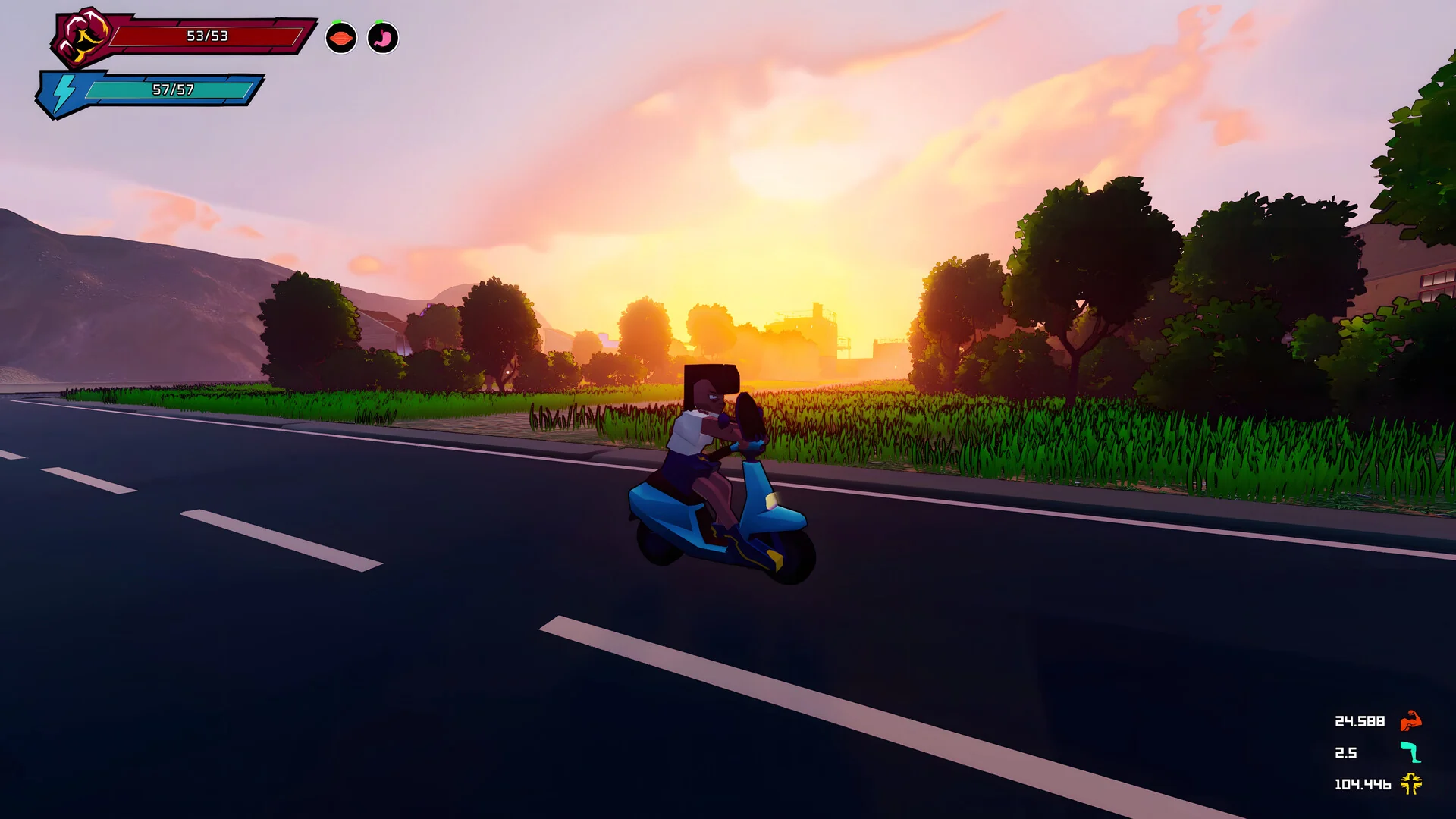 Riding through the open world on a scooter at sunset.